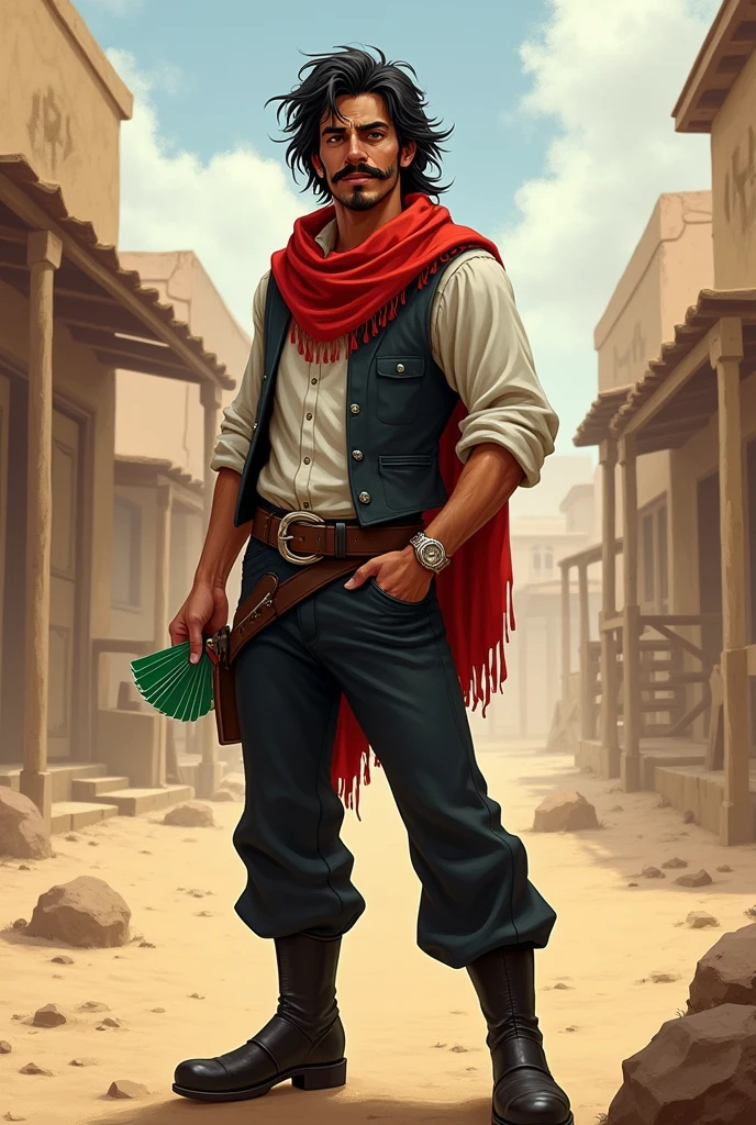 He is a well-groomed Mexican peddler with long, messy dark hair and a well-groomed mustache and goatee. He is 5'9" tall and wears a dark vest and a plain white shirt. He wears a black hat. He has black pants with a buckle and black boots. A red scarf is wrapped around his neck. He holds a green deck of cards in one hand, while the other hand is in his pocket. He is a cheerful individual who radiates power, but is very kind. The character is intended to be styled in a fantasy RPG art style, set in the Old West. He is young.