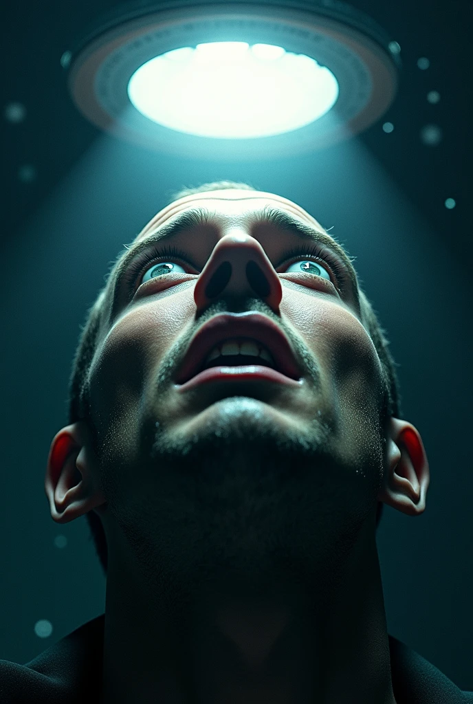 Man abducted by UFO, close up