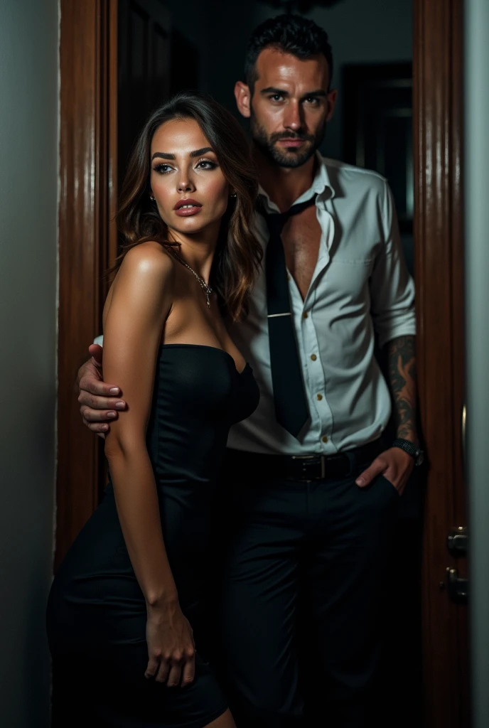 a couple pass each other in hallway, (1man, 1woman), close proximity:1.6, tiny hallway, she has cozy intimate loungewear on, he's behind the beautiful woman, (30yo) ,((high contrast)), close proximity, (deep, darkest shadows), (35mm film), high contrast,((taken using Leica camera, aperture: f/2.8)) ,(kkw-ph1:0.9), hyper-realistic skin, (he's wearing a luxurious expensive suit:1.2), (strong handsome forearms veiny), he's in dark with natural light glow, radiant skin , (masculine features), (relaxed , composed, ), (hyper-detailed:1.6, (naturally backlit)), (highest quality: 1.2), accent highlights, shadows, film quality, cinematic, powerful image, strong man, holds her hips from behind, he's in suit and tie, he touches her lightly, teasing, juicy and ripe, dripping, minimal, atmospheric air, (ultra-realistic ,soft accent light, natural lighting, (stunning watch lighting)), (highest quality),, High-realism skin, (ultra-realistic skin ), stylish elegance, Finely detailed,(Fine-grained), (highest detail skin texture peach-fuzz, freckles, skin realistic,) ○○ res – ultra high high resolution , very high texture (highlights resolution), Photorealistic hands and fingers, perfect fingers – (photorealistic 4k) , 8K,extreme detail, close and intimate, close-up, perfectly framed, handsome strong masculine hands, callus, rough, strong, a work of art, beautiful composition, man and woman, (highest quality fabric texture),, every detail,Fine facial features, – (Highest Quality) ,Leica camera film, High quality ○○ detailed – ○○ details ultra detailed(Ultra-fine ), Photorealistic, Extremely detailed(Extremely detailed) , (highest detail image, lens flare, realistic)○○ res – ○○ resolution ultra high res(A high resolution), intimate and relaxed