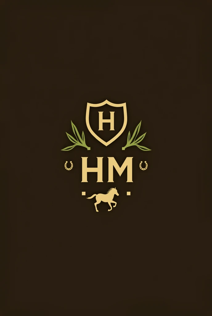 Create an image with a shield with the initials HM written below in small gold Haras Mariano, on a dark brown background, with olive green details and a horseshoe at the bottom next to the image of a horse. Logo style: modern more fluid lines, vibrant colors and minimalist elements. Each element of the logo must have a meaning and contribute to the brand identity.