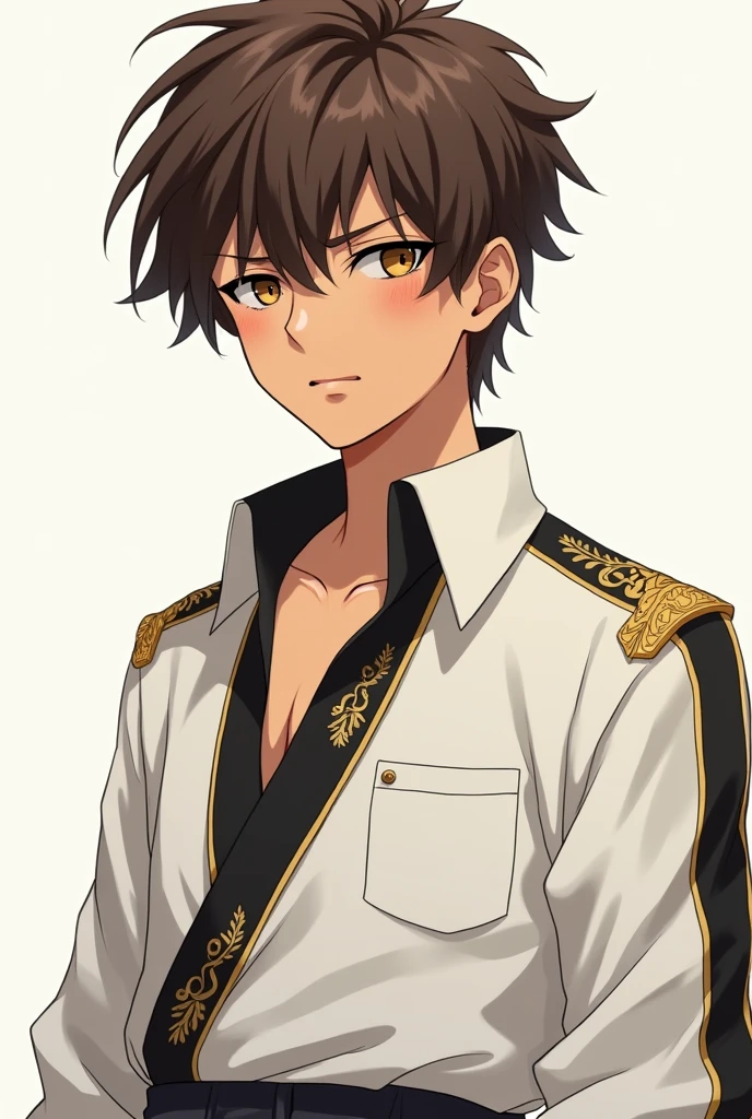 A brown-skinned male anime character with brown hair and golden pupils, wearing white clothing with black and gold accents.