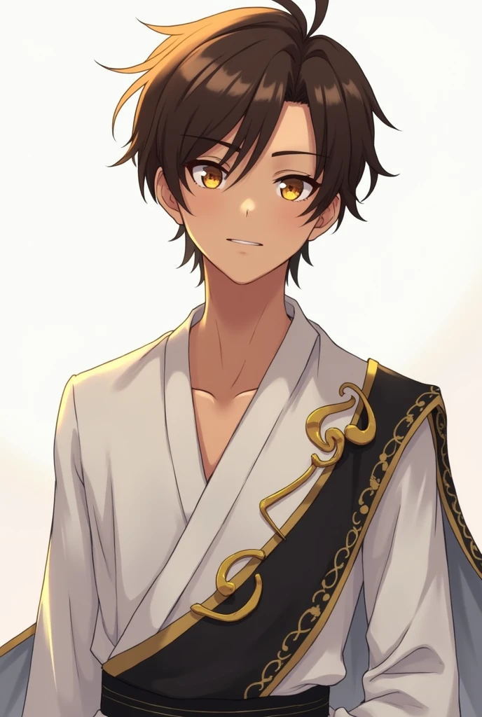 A brown-skinned male anime character with brown hair and golden pupils, wearing white clothing with black and gold accents.