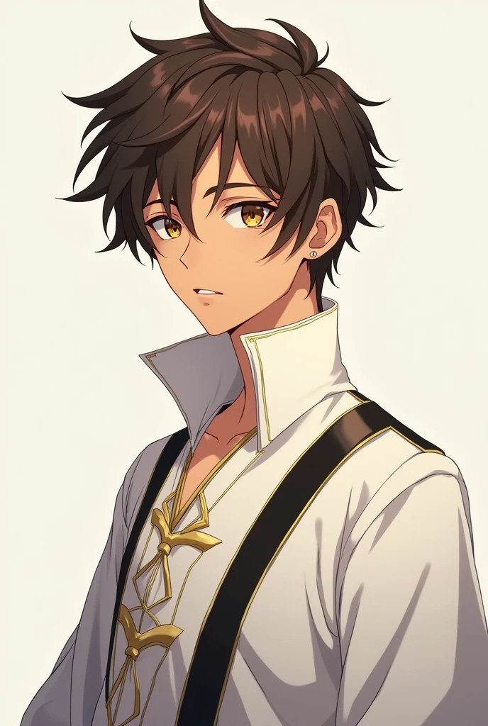 A brown-skinned male anime character with brown hair and golden pupils, wearing white clothing with black and gold accents.