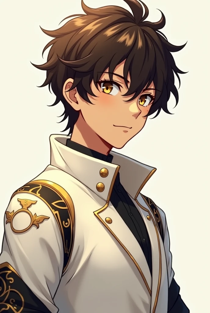 A brown-skinned male anime character with brown hair and golden pupils, wearing white clothing with black and gold accents.