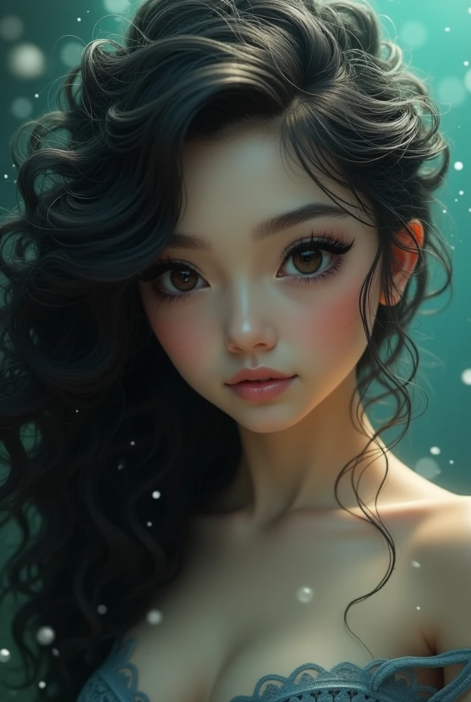 Brown mermaid with round face shape, with visible cheek, fox eyes, big eyelashes and black eyes, curly hair with well-defined curls below the shoulder with black and light brown highlights, mesmerizing beauty 
