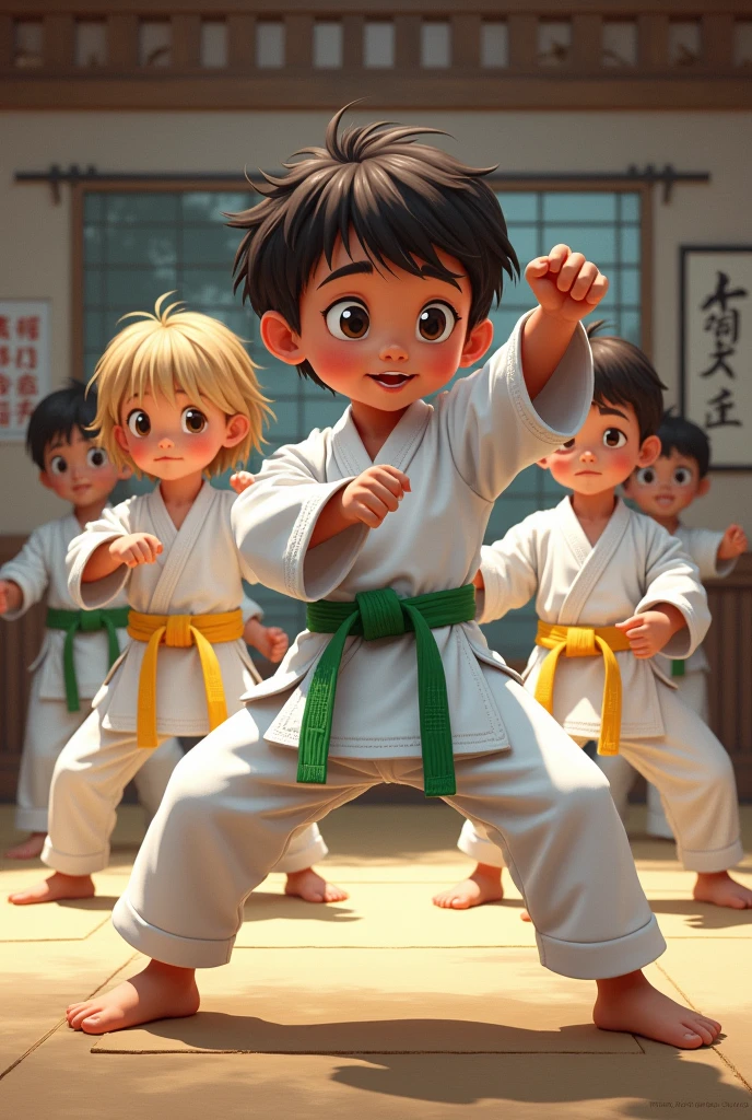 karate
3 niños morenos de 4 años cinturón yellow y verde y 2 niñas rubias de 4 años cinturón verde, yellow, white, blue, red, attention