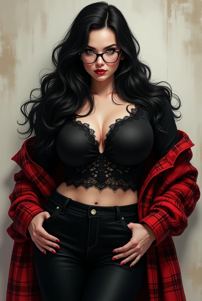 create an image of a female character with long black hair, imposing and round face, body a little fat, with brown eyes and white skin, black blouse with details, black pants, red plaid jacket on top, prescription glasses with black frames, curly hair ends