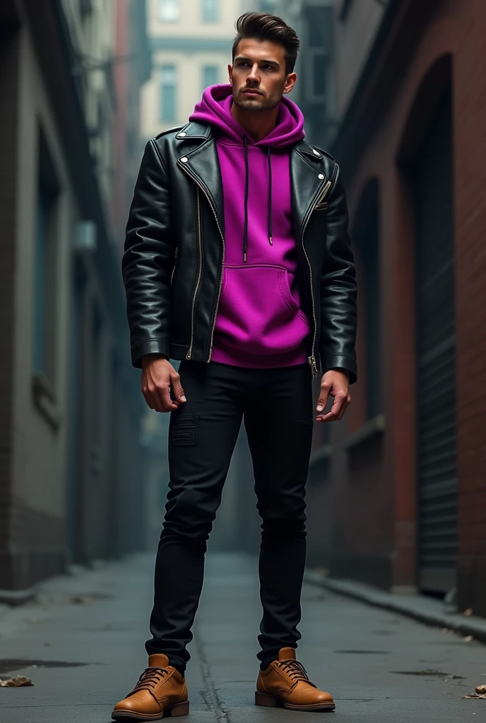 Man in short black leather jacket, under magenta hooded sweatshirt, black jeans and camel-colored shoes 