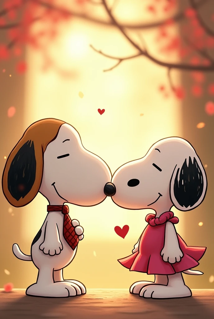 Snoopy with a tie having a date with another snoopy with a dress. Make it cute