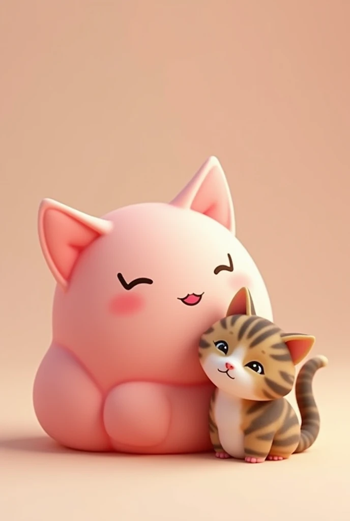 Create an image where you see a traditional pink mochi with a Chinese face and a tortoiseshell kitten next to it hugging the mochi. Another one removes the ears from the mochi.