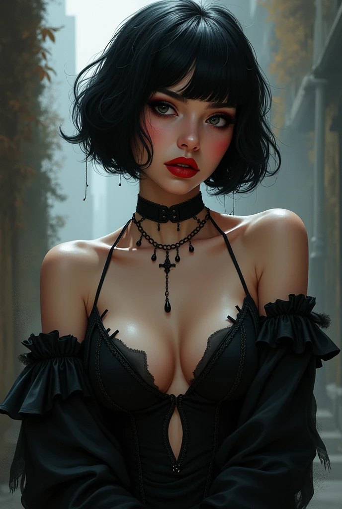 Goth with short hair and giant cleavage, 30 cm high