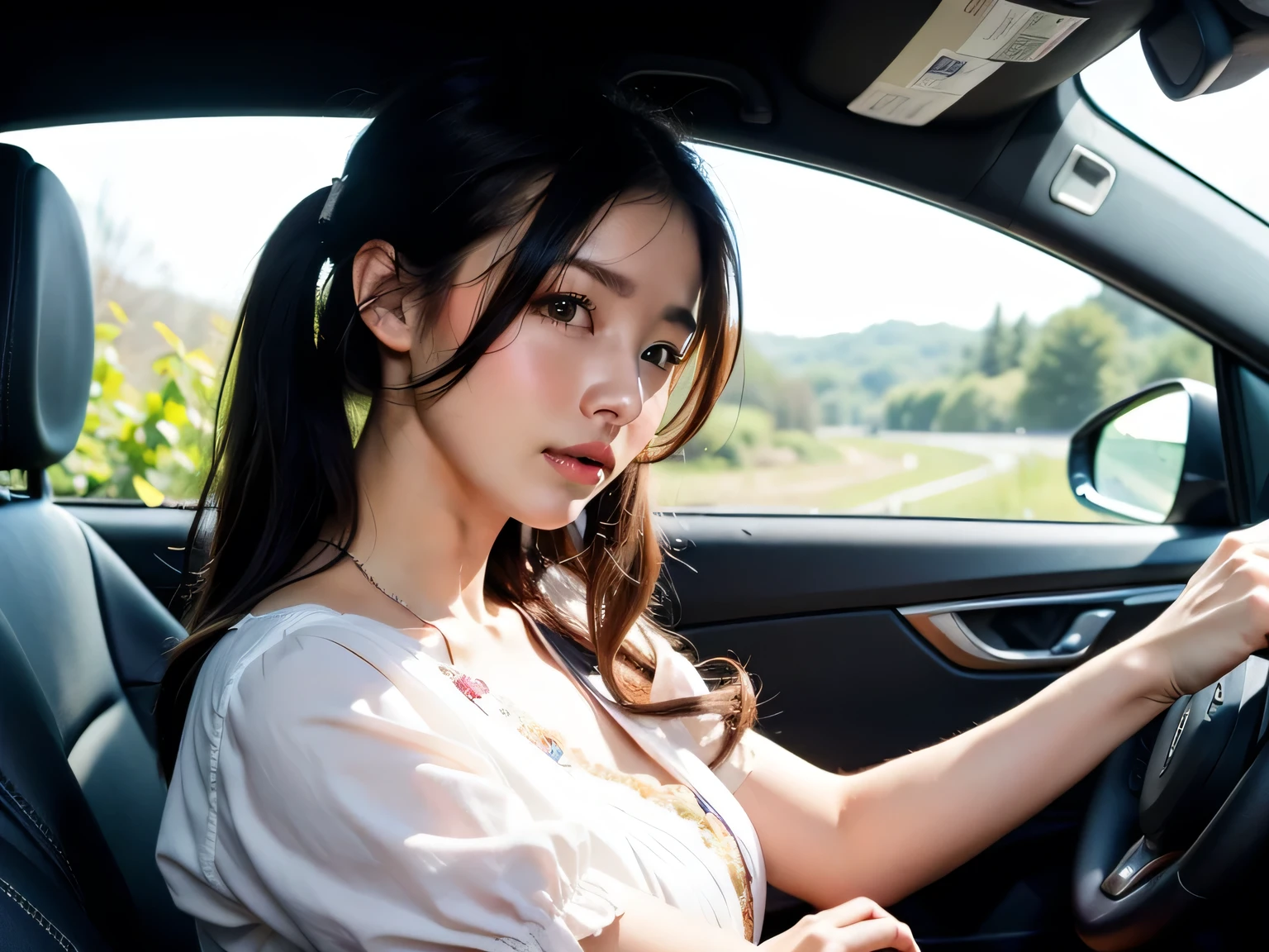 (masterpiece, Highest quality), (colorful:1.4),1girl,Driving a car, Holding the handle,drive,Written boundary depth,While driving,blouse,cute,