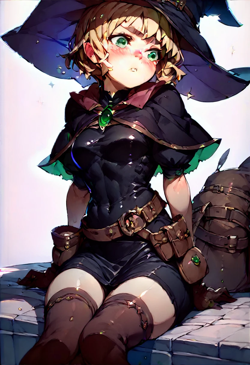 score_5_up,   
1girl, solo, sitting, blush, wearing (black dress, wizard hat, capelet, thighhighs, brown gloves), short blonde hair, green eyes, short puffy sleeves, belt, belt_pouch, covered navel, shiny