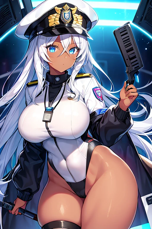 1girl, dark skin, dark-skinned female, police uniform, police, white hair, long hair, blue eyes, police hat, large breasts, thick thighs, futuristic, neon trim, science-fiction, machinery, tech, blue trim, glowing eyes, toned, cute face, mature female, hourglass figure, neon, one-piece swimsuit, competition swimsuit, medal, black swimsuit, badge, police badge, ((badge))