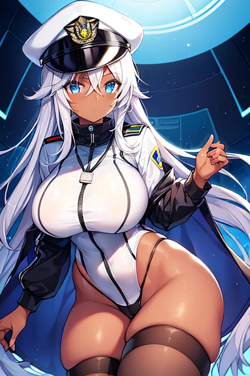 1girl, dark skin, dark-skinned female, police uniform, police, white hair, long hair, blue eyes, police hat, large breasts, thick thighs, futuristic, neon trim, science-fiction, machinery, tech, blue trim, glowing eyes, toned, cute face, mature female, hourglass figure, neon, one-piece swimsuit, competition swimsuit, medal, black swimsuit, badge, police badge, ((badge))