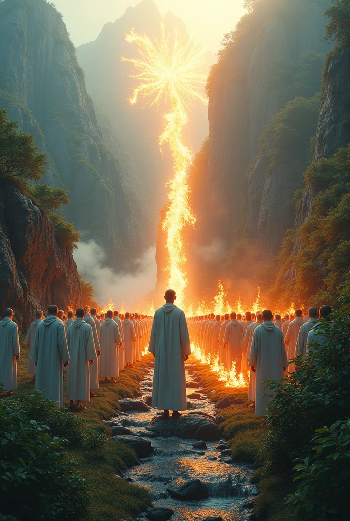 A man with a hundred other men dressed in white in a beautiful natural landscape. At the other end of the image, a man with a hundred other men burning in hell. In the middle, there is an abyss so that they cannot touch each other.. two different scenarios in the same image the place must be separated by an abyss