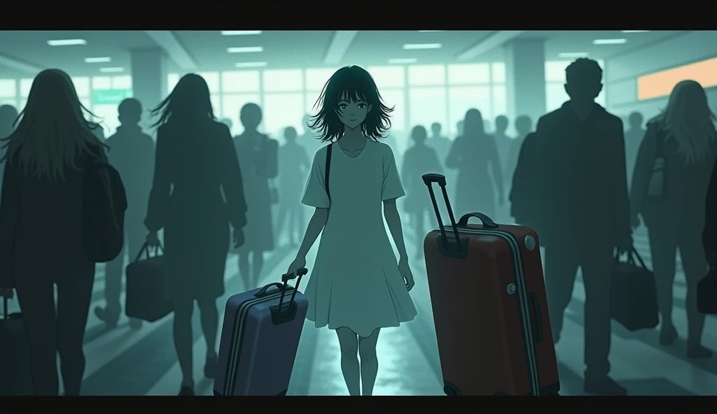 A ghostly girl with an enigmatic expression and a faint smile, fading into the hustle and bustle of an airport. A woman's suitcase in the background, semi-open, with a dark shadow looming behind her, atmosphere of fear and horror.