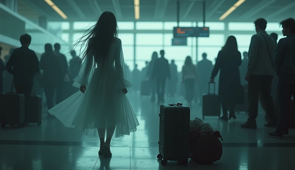 A ghostly girl with an enigmatic expression and a faint smile, fading into the hustle and bustle of an airport. A woman&#39;s suitcase in the background, semi-open, with a dark shadow looming behind her, atmosphere of fear and horror.