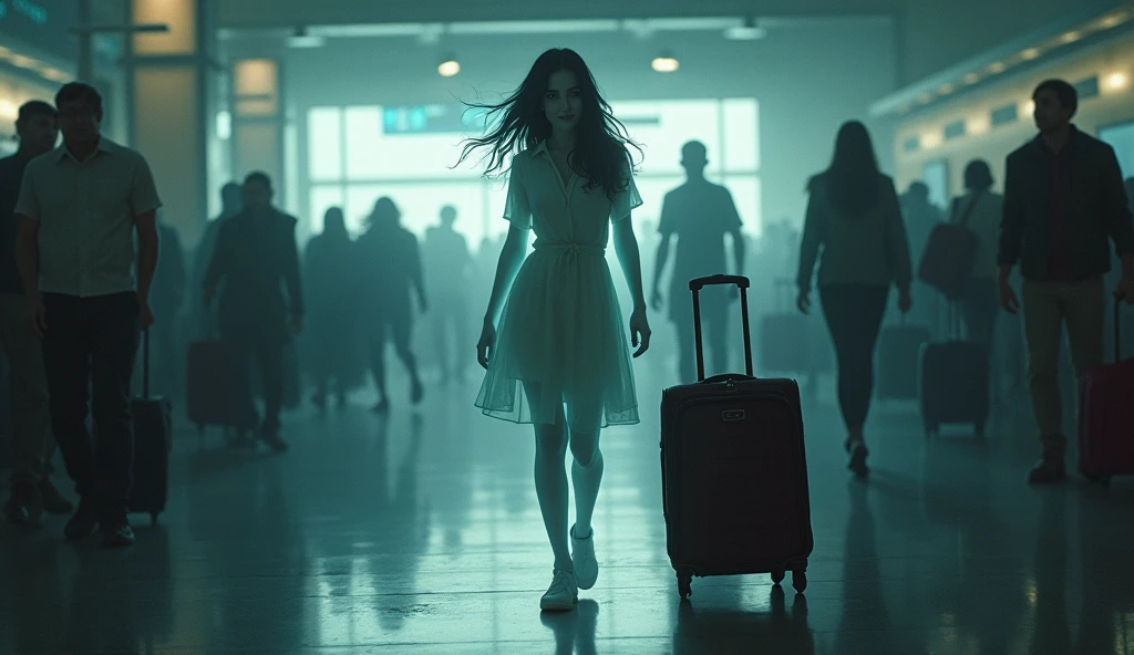 A ghostly girl with an enigmatic expression and a faint smile, fading into the hustle and bustle of an airport. A woman's suitcase in the background, semi-open, with a dark shadow looming behind her, atmosphere of fear and horror.