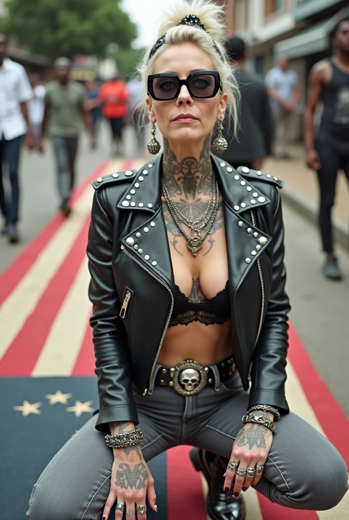 Anglosaxon old milf woman, , blonde platinum hair (beehive bun, black parsley headband), with very light green eyes, extremely pale. Wearing oversized square black maxisunglasses Wearing studded cropped black moto jacket (verical zippers on the sides). Black lace push up bra, dark grey skinny low rise jeans (worn knees and crotch). Silver Chelsea boots with cuban heels. Lots of thick wide studded  bracelets, chain collars and big rings. Tacky wide studded leather belt, with big skull and bones round buckle. Long earrings with chains. Squatting on a large ragged usa flag, looking at the photographer. Craving heavily. Hands on knees. Waste and trash on the floor. Looking at the camera, chin up. Toned abdominals, thin neck, slim legs and thin arms. Neck, chest, belly, hands and arms completely tattoed. Street of Nairobi, crowded with standing people