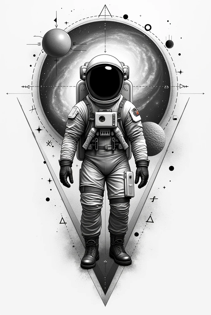 Black and white fine line tattoo with an astronaut in front of a galaxy. In the drawing add symbols of mathematics and artwork "Adam's creation".