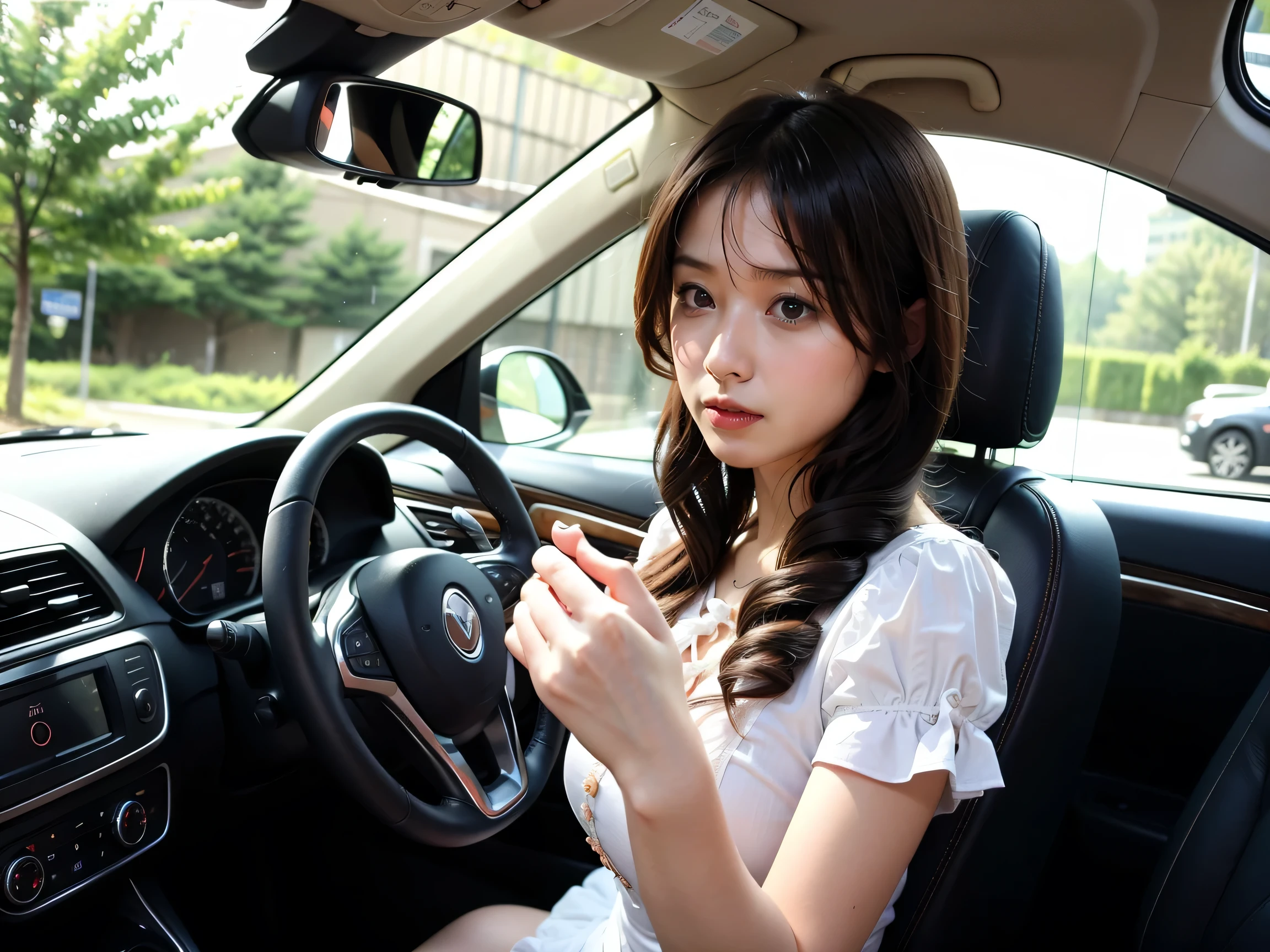 (masterpiece, Highest quality), (colorful:1.4）,1girl,Driving a car, Holding the handle,drive,Written boundary depth,While driving,blouse,cute,