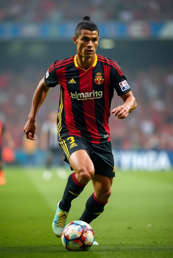 soccer player cristiano ronaldo playing on a soccer field wearing the flamengo jersey

