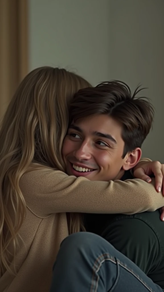 Blonde teenage woman laying down on her bed, legs spread open wide, wearing tight leggings and tight t-shirt, hugging a boy her age