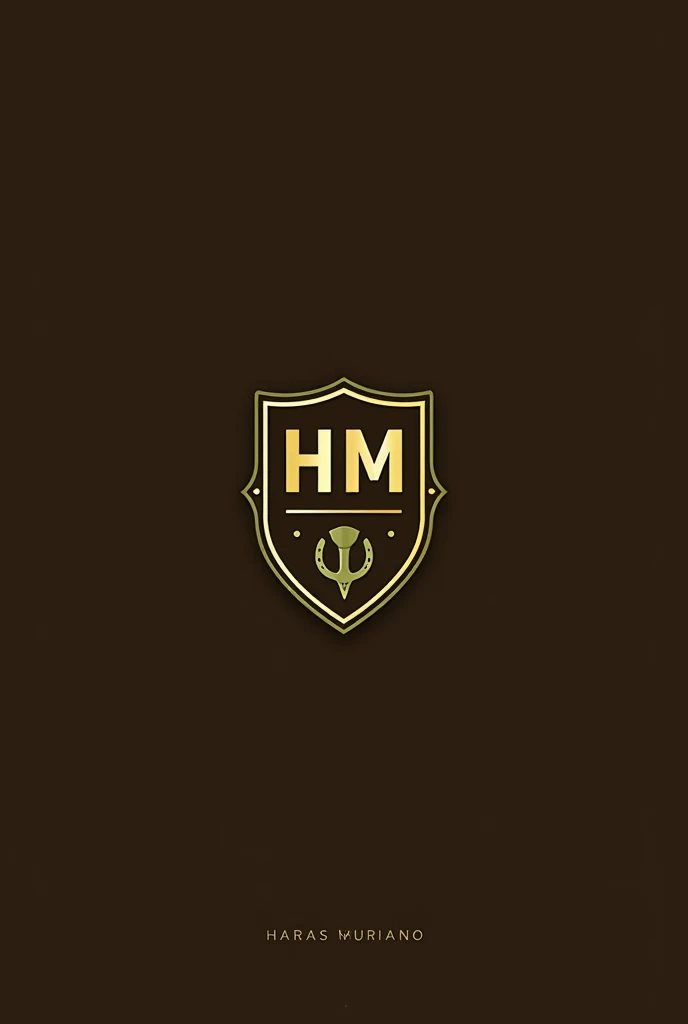 Create an image with a shield with the initials HM written below in small gold Haras Mariano, on a dark brown background, with olive green details and a horseshoe at the bottom next to the image of a horse. Logo style: modern more fluid lines, vibrant colors and minimalist elements. Each element of the logo must have a meaning and contribute to the brand identity.