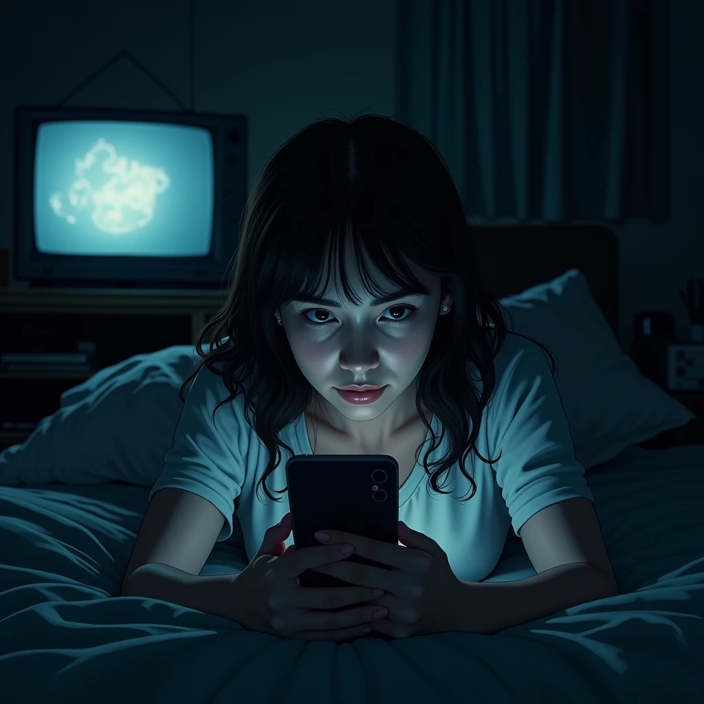 woman, with an expressive face, person scrolling through the cell phone feed in bed, lying on the bed in front of a light apparently from the TV in a messy room, poorly lit environment, only light from the TV