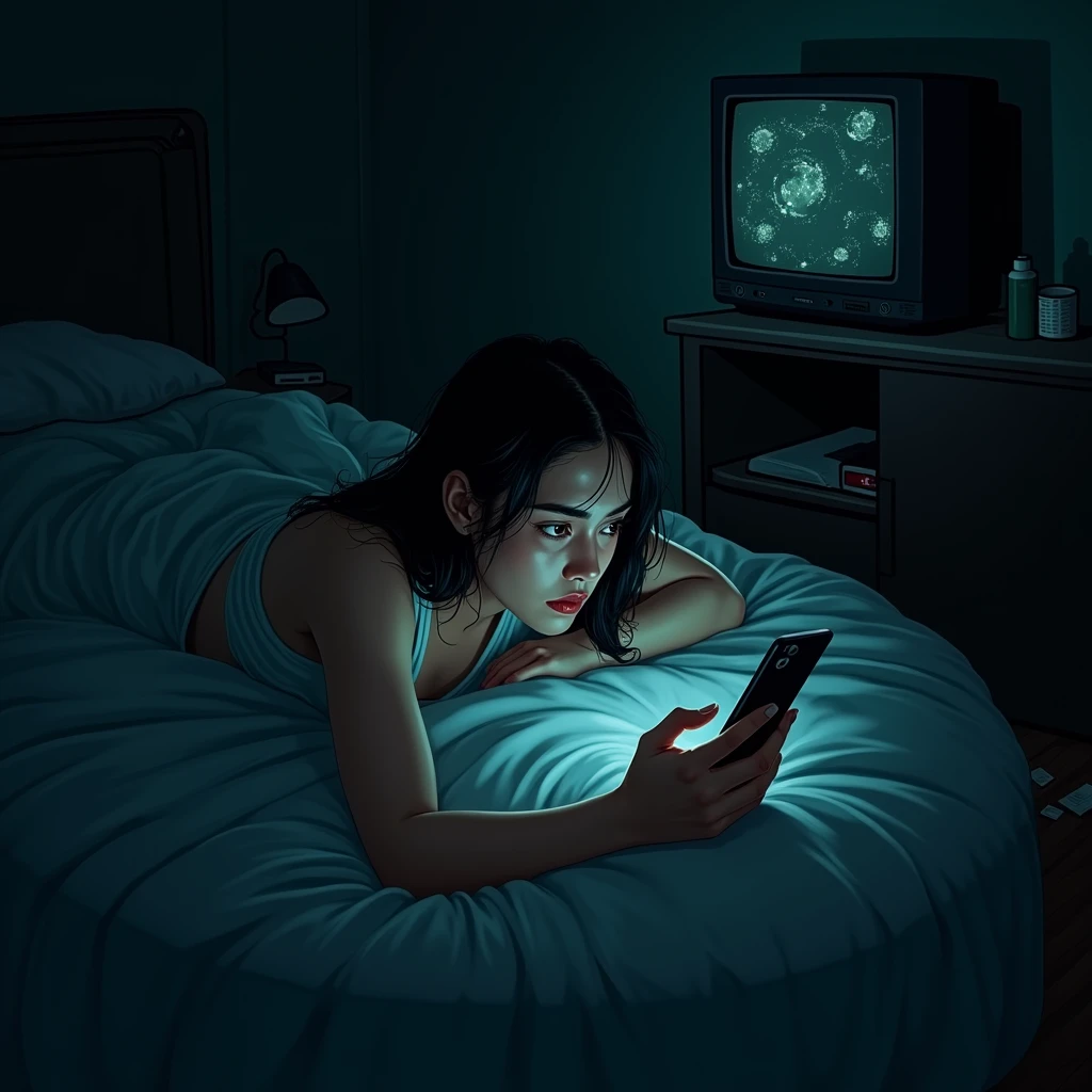 woman, with an expressive face, person scrolling through the cell phone feed in bed, lying on the bed in front of a light apparently from the TV in a messy room, poorly lit environment, only light from the TV
