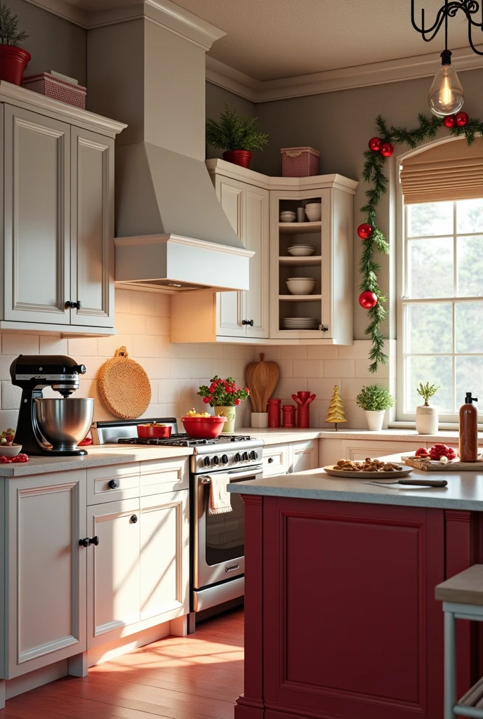 Please create an image of a kitchen decorated for Christmas with white and red colors and some utensils in red or black., in the background there is a cupboard with three doors, a shelf and three more doors underneath, next to this cabinet there is a bench, on the other side there is another vertical cabinet with three shelves, in the middle of the kitchen there is an island where gingerbread cookies are prepared and on top of this island there is a black Kitchen Aid mixer.
