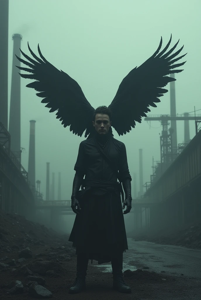 Dystopian style, outside, foggy, dystopia, industrial, (8k, RAW photo, best quality, masterpiece:1.2), (realistic, photo-realistic:1.37), best quality, ultra high res, (natural skin texture, hyperrealism, soft light, sharp:1.2), (focus face:1.2), (high contrast:1.1), (intense:1.1), (detailed:1.1), (highest quality, (analog:1.2), (high sharpness), real shadow, photographed by Canon EOS R6, 135mm, 1/1250s, f/2.8, ISO 400, somber, dramatic, highly detailed, Black eagle open wings