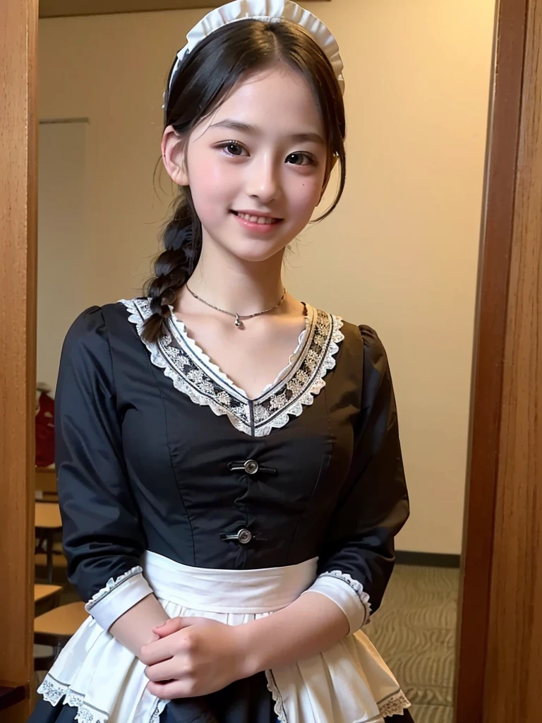 (Highest quality:1.5)、(masterpiece:1.5)、(8k:1.5)、((Elementary school student appearance:1.7))、(Flat Chest)、(Victorian tight maid uniform:1.5)、Braid、Angle from below、smile、(The background is the hotel:1.7)、whole body、(2 people)、Underbust corset、Hotel Bed