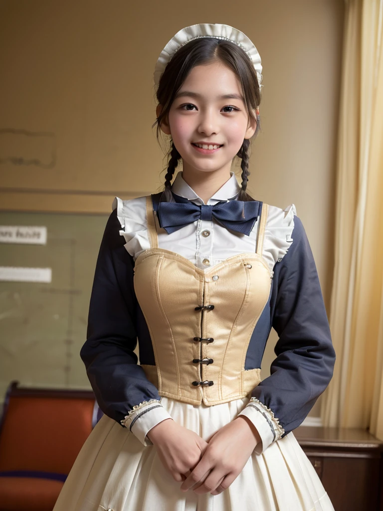 (Highest quality:1.5)、(masterpiece:1.5)、(8k:1.5)、(( appearance:1.7))、(Flat Chest)、(Victorian tight maid uniform:1.5)、Braid、Angle from below、smile、(The background is the hotel:1.7)、whole body、(2 people)、Underbust corset、Hotel Bed