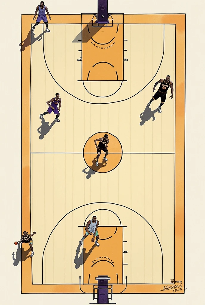Make a picture of a drawing of a basketball court with the positions that exist on the basketball court with the names of the positions and the location of LeBron James when he played for the Lakers, Draw what positions it had and what the names of those positions were.