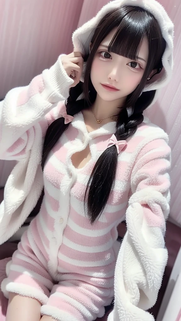 masterpiece、high quality、ピンクのWearing pajamasソファでポーズをとるかわいい女の子, Nightwear, Wearing pajamas, 白いWearing pajamas, Pink clothes, ゆったりしたWearing pajamasいる, (night:1.5, Dark Room:1.5, Dim lighting), Smooth, white, fluffy clothing、Cute face with arms and legochako, Brush Sticker, Big cleavage、(Japanese jirai kei girl:1.5, jirai kei makeup:1.3)、
