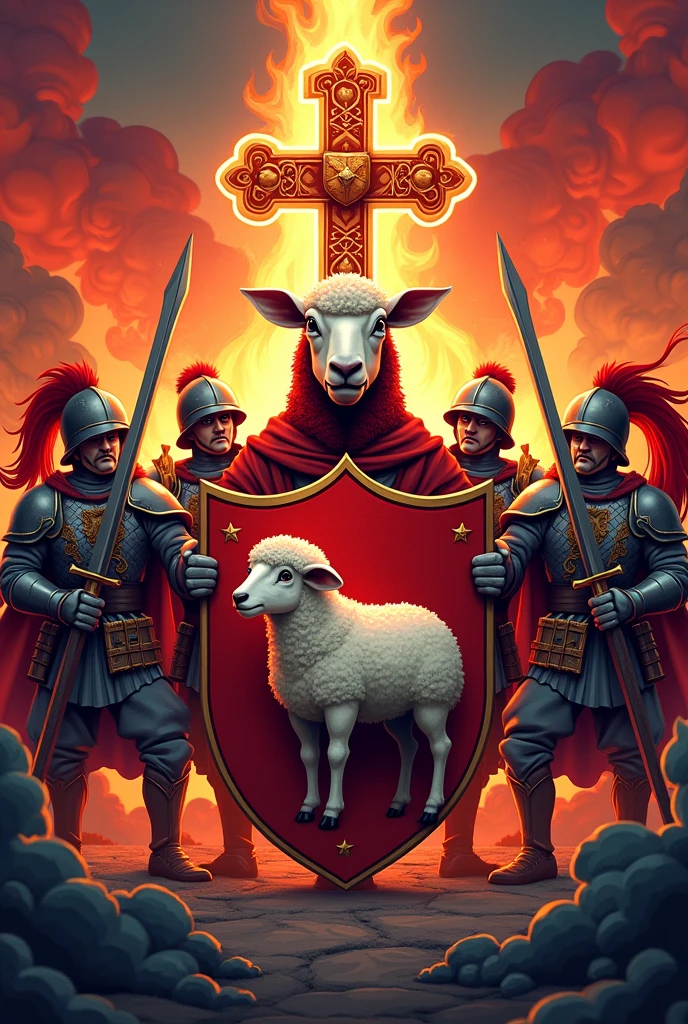 Make a brotherhood coat of arms with a sheep in the center and soldiers at war. red details, cross and fire in the background. Pixar-style.
