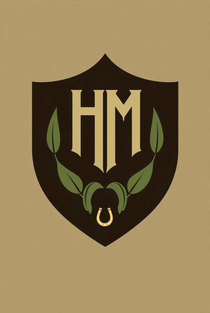 Create an image with a shield with the initials HM written below in small gold Haras Mariano, on a dark brown background, with olive green details and a horseshoe at the bottom next to the image of a horse. Logo style: modern more fluid lines, vibrant colors and minimalist elements. Each element of the logo must have a meaning and contribute to the brand identity.