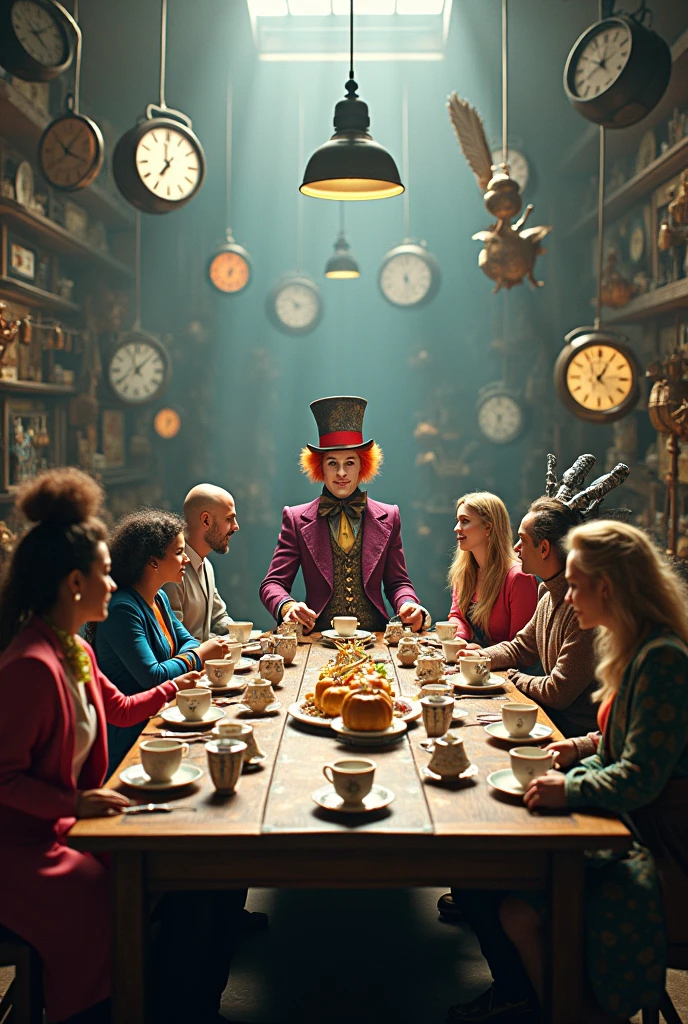 Make the Mad Hatter&#39;s rectangular tea table with him at the end and in the middle of the image and the rest of the characters so that the table is facing the front the table with various tea things and crazy things and Cyborg Joker Echo clocks (Maya Lopez)
Jason Grace
Leo Valdez
Loki
Nico di Angelo
Piper McLean
Professor Xavier
Reyna Avila
Toph
Thor