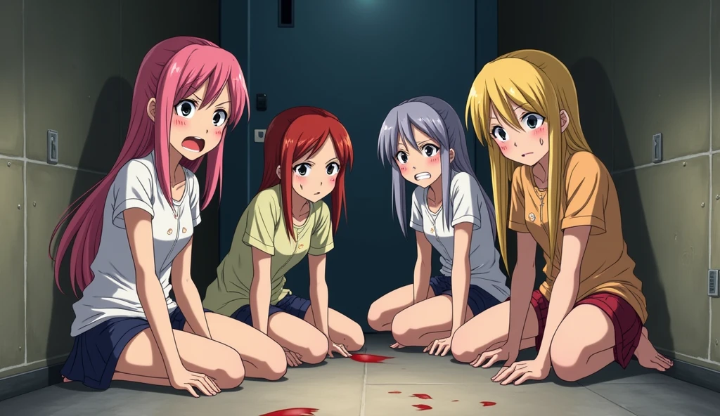 Lucy Heartfilia, Erza Scarlet, Mirajane Strauss, Lisanna Strauss and Kagura Mikazuchi, these girls are from the anime Fairy Tail, the five girls are s, they are sweating and their clothes are somewhat torn, their face shows an expression of fear while they are leaning their back against the wall and they are sitting on the floor, they are showing the soles of their bare feet.