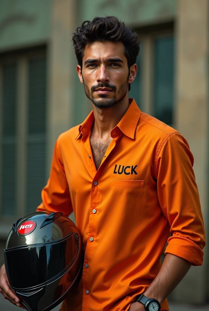 Brazilian man with helmet under arm wearing an orange dress shirt with the words Luck written on it