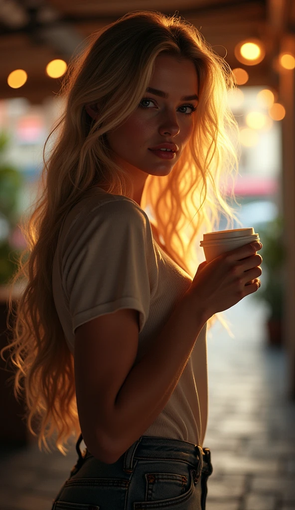a beautiful girl with long blonde hair, detailed eyes, nose, and lips, walking backwards with a coffee in his hand ,while looking at his marked rear (Best Quality,4k,8k,High resolution,masterpiece:1.2),ultra detailed,(realist,photorealist,photo-realist:1.37),HdR,studio lighting,extremely detailed face and body., portrait,cinematic lighting,dramatic lighting,warm color tones,dramatic colors