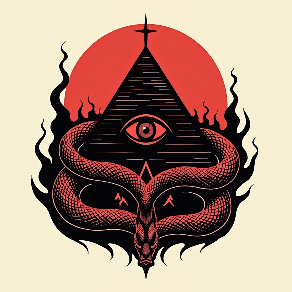 Create a logo, Pyramid with an eye in its center, snake coiled around the pyramid. Use colors are black and red. that's all, with nothing in the background. The snake has its head on top of the top of the pyramid.