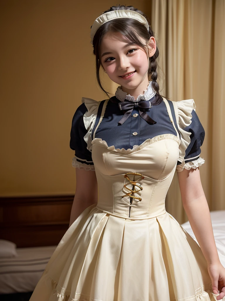(Highest quality:1.5)、(masterpiece:1.5)、(8k:1.5)、((Elementary school student appearance:1.7))、(Big Breasts)、(Victorian tight maid uniform:1.5)、Braid、Angle from below、smile、(The background is the hotel:1.7)、whole body、(2 people)、Underbust corset、Hotel Bed