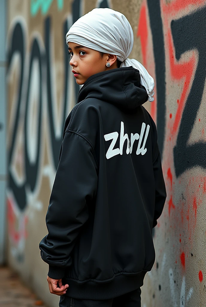 Make a bald person with a white scarf on his head and black clothes dressed in a hip-hop style, who is standing with his back graffitied with the word "Zoux" on a wall and on the child's back says "hhrll" in white letters.