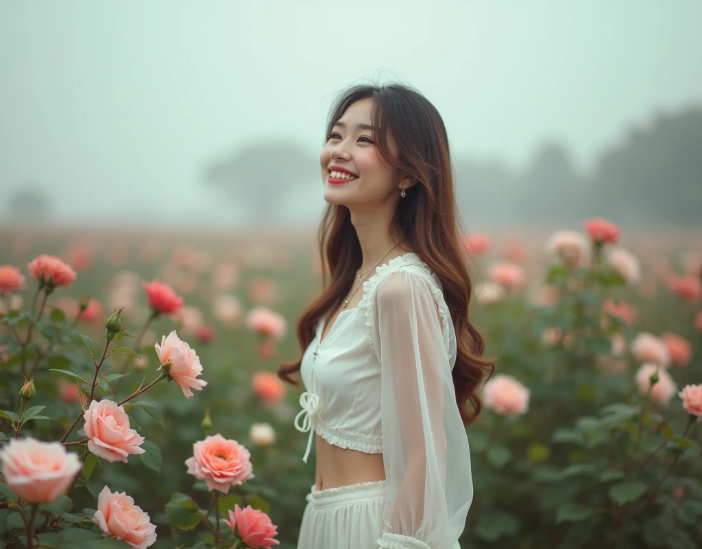 16:9 photograph, taken from a distance that shows the entire body, In a beautiful garden, admiring the roses with a short skirt and blouse, white color, long brown hair, a softened ironic smile - restrained excited happiness, soft lighting on the face, realistic textures of skin-clothes-hair, carpeted sky-blue eyes-fog, beautiful real textures and delicate aesthetics, seeing herself in full body, remarkable tribute to the natural feminine beauty of the body, noise, 8k quality, RAW PHOTO, by professional photographer, rule of thirds, extremely detailed