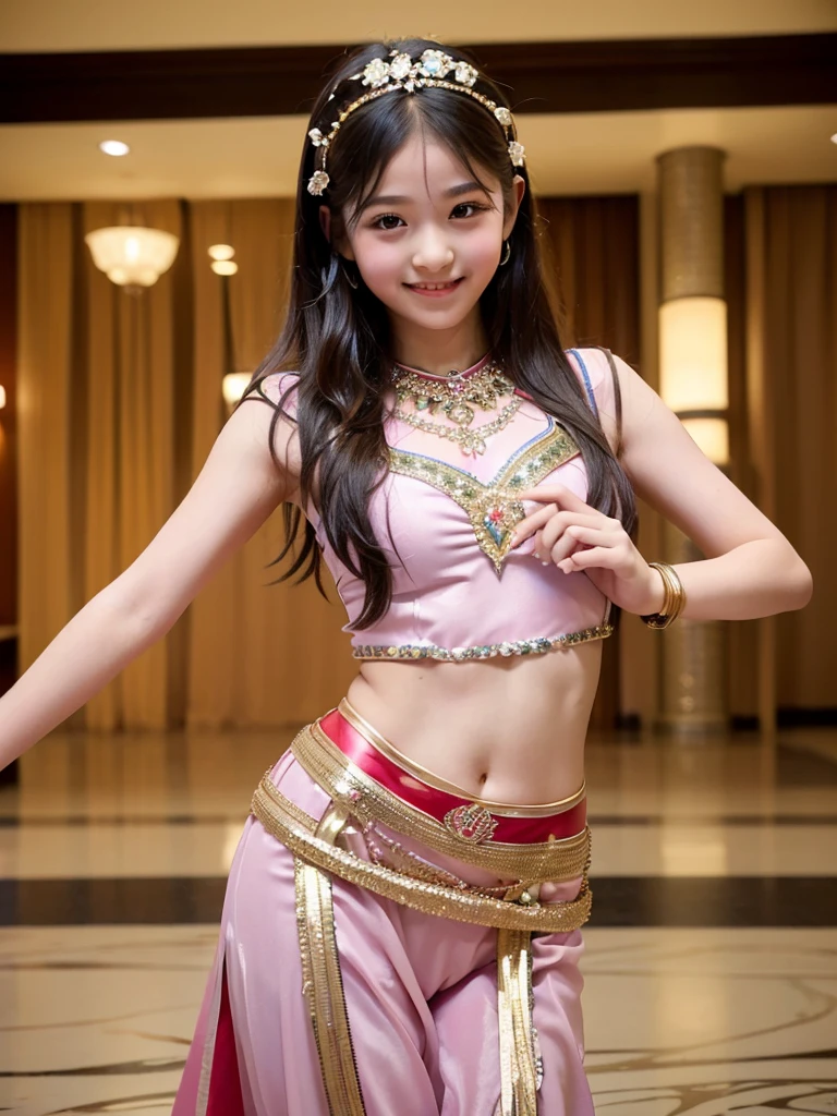 (Highest quality:1.5)、(masterpiece:1.5)、(8k:1.5)、(( appearance:1.7))、(Flat Chest)、(arabic dancer costume:1.5)、Braid、Angle from below、smile、(The background is the hotel:1.7)、whole body、Hotel Bed