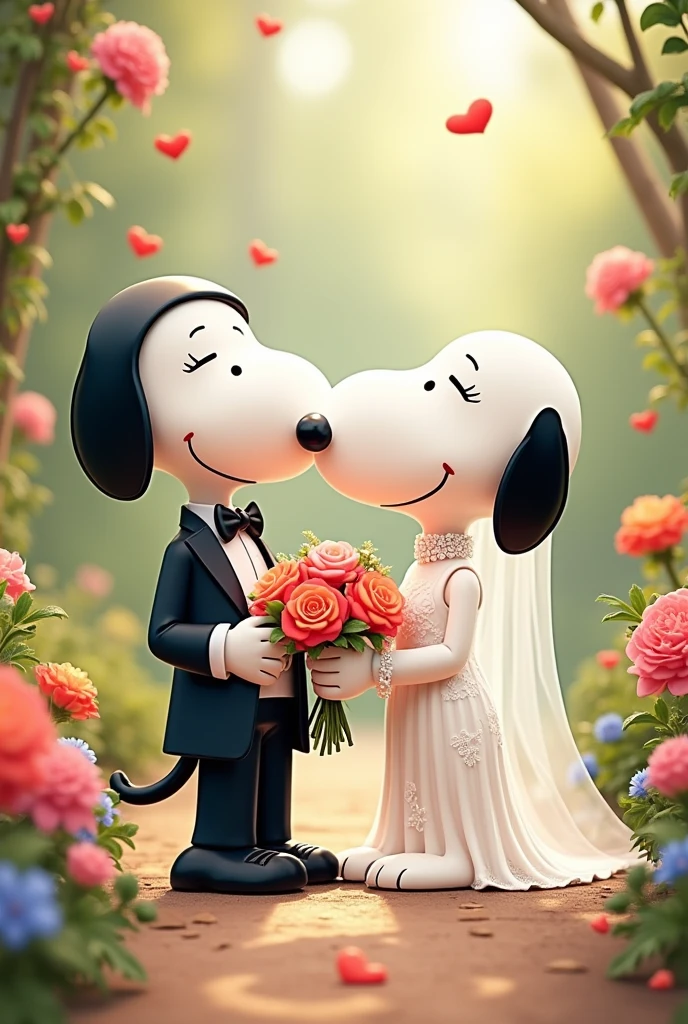 Snoopy with a tie getting married with another snoopy with a dress. Make it cute