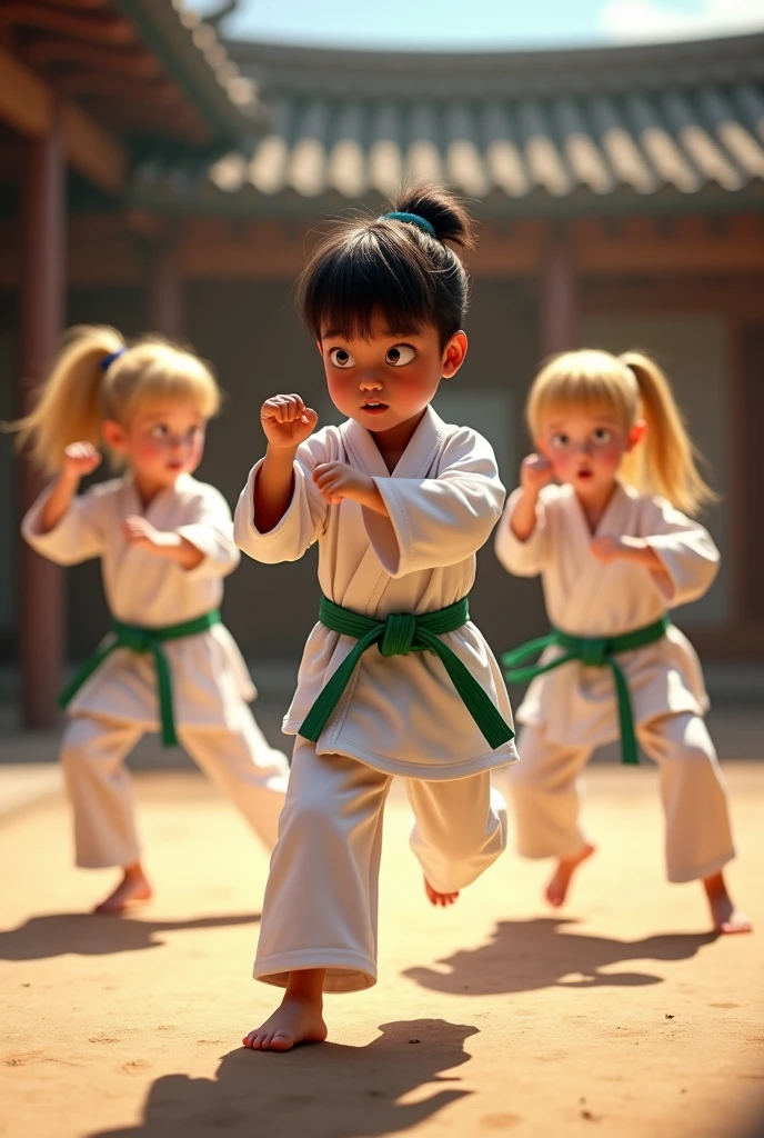 karate
niños morenos de 4 años cinturón white y verde y 2 niñas rubias de 4 años cinturón verde, yellow, white, blue, red, kicking sideways